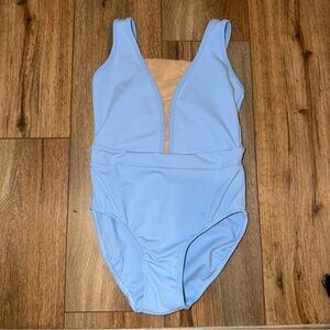 Tiger Friday Adult Small Light Blue One Piece Swimsuit White Trim Mesh